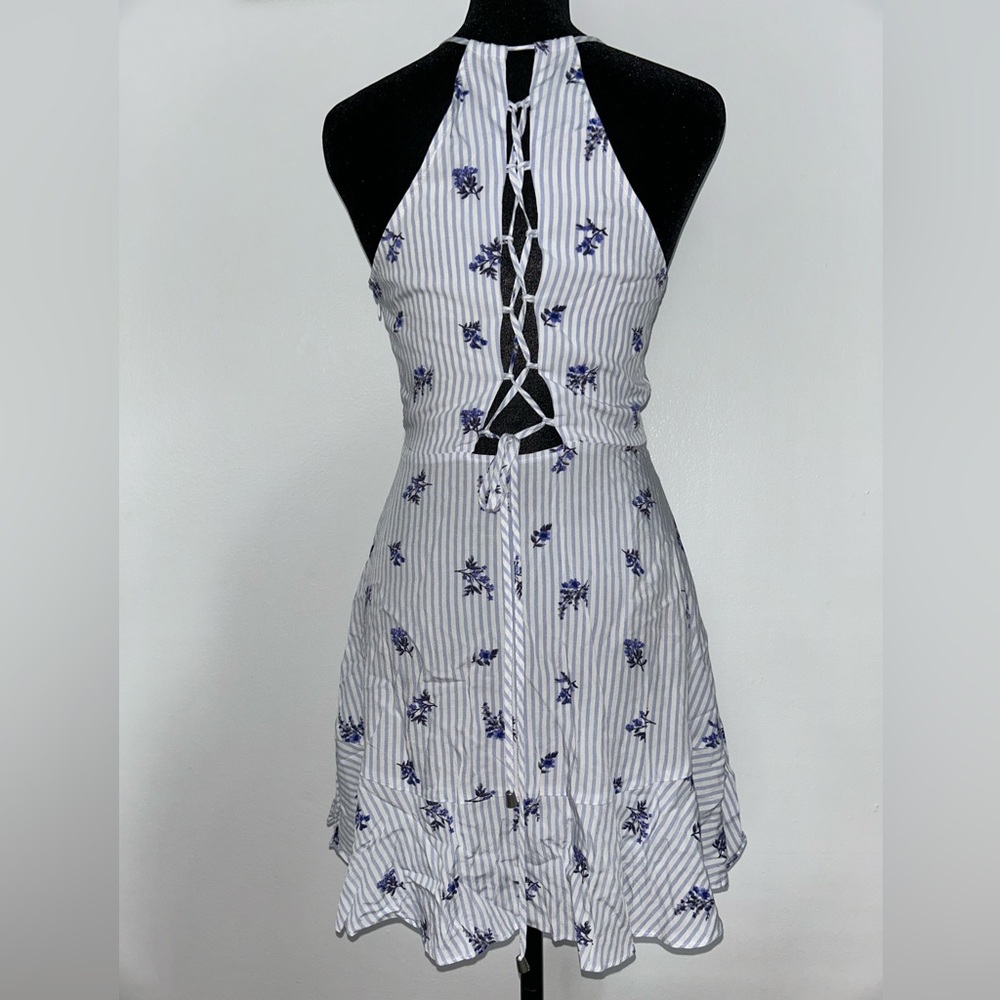 NWOT- Striped Halter Dress with Floral Print and lace up back